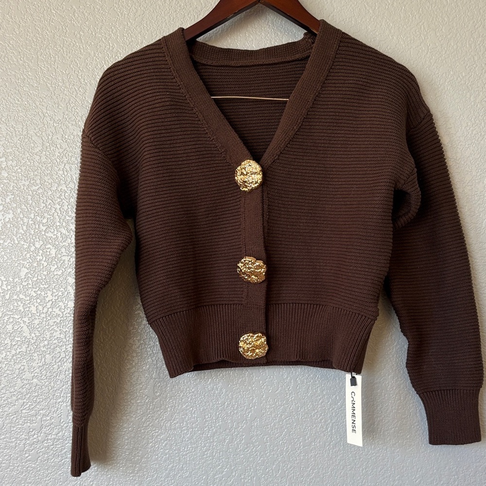 Commense Chocolate Cardigan with Gold Accents